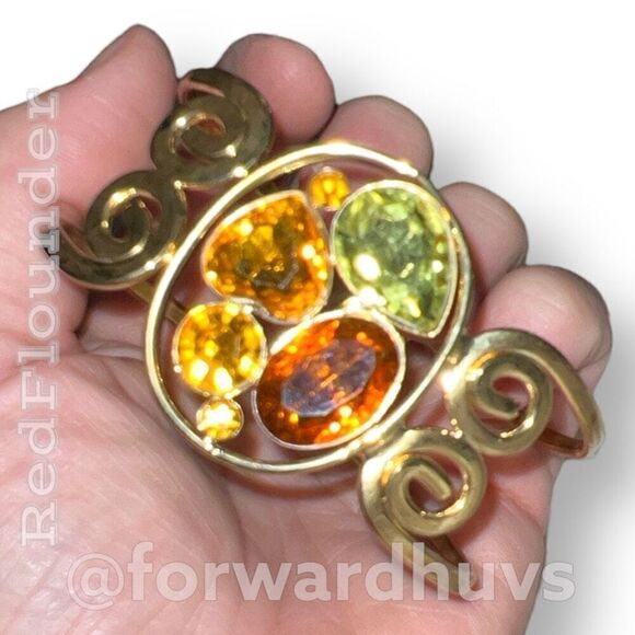 Gold Tone Hinge Bracelet with Orange & Green Rhinestones - Medium-Large Wrist - Picture 5 of 7